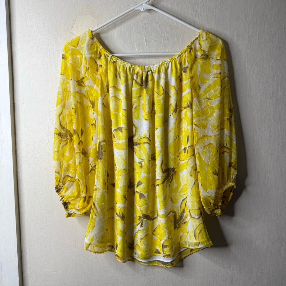 White House Black Market Yellow Floral Metallic Blouse - Picture 4 of 5